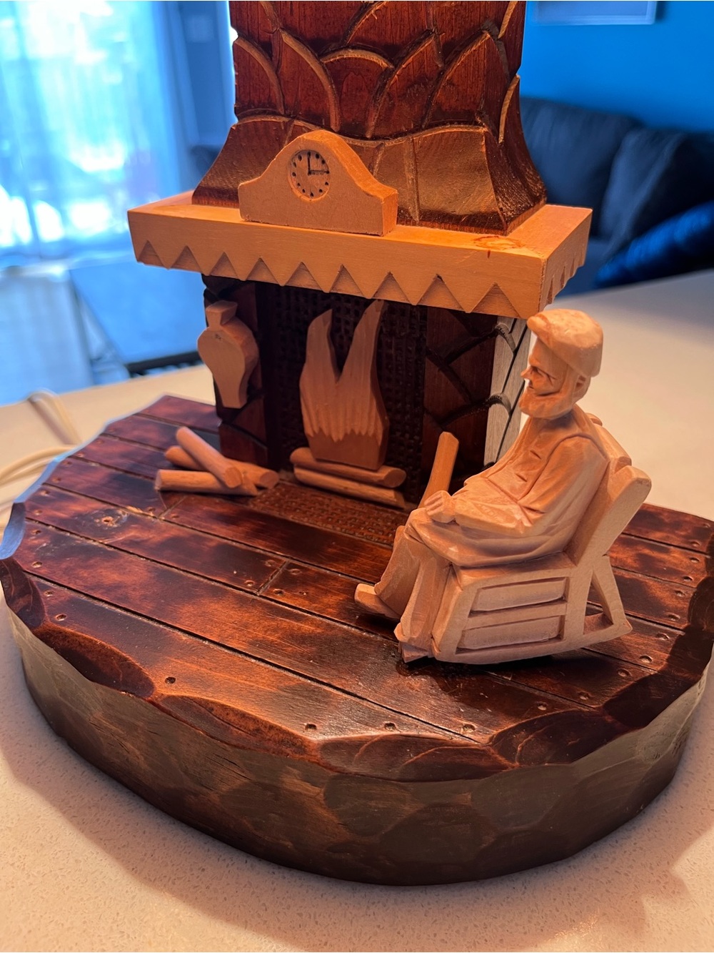 Handcrafted Quebec Folk Art Wooden Fireplace Table Lamp Carved Cabin Scene